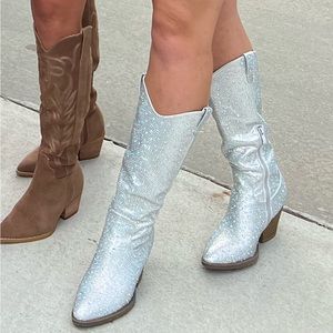 Silver bejeweled cowboy boots